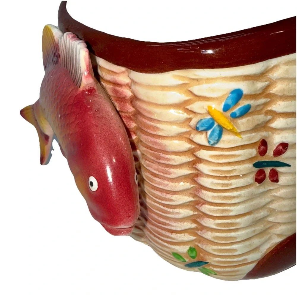 Rare Vintage Japan Ceramic Koi Fish Creel Planter Pacific Hand Painted - 1950s
